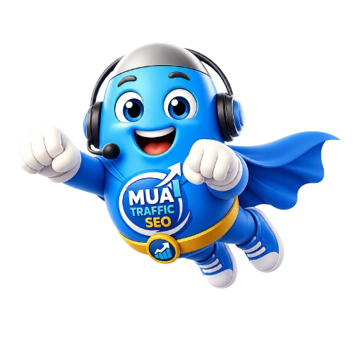 Mascot MuaTrafficSEO đang bay và hướng hai tay về biểu đồ traffic